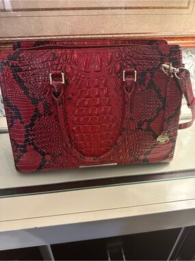 Structured Red Croc-Embossed Satchel with Black Accents with wallet